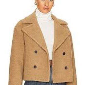 Theory Women's Faux Fur Peacoat brown 4 buttons 2 inside pockets front sz Small